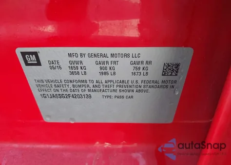 2015 Chevrolet Sonic Ls из США, поврежденный, VIN 1G1JA6SG2F4203139